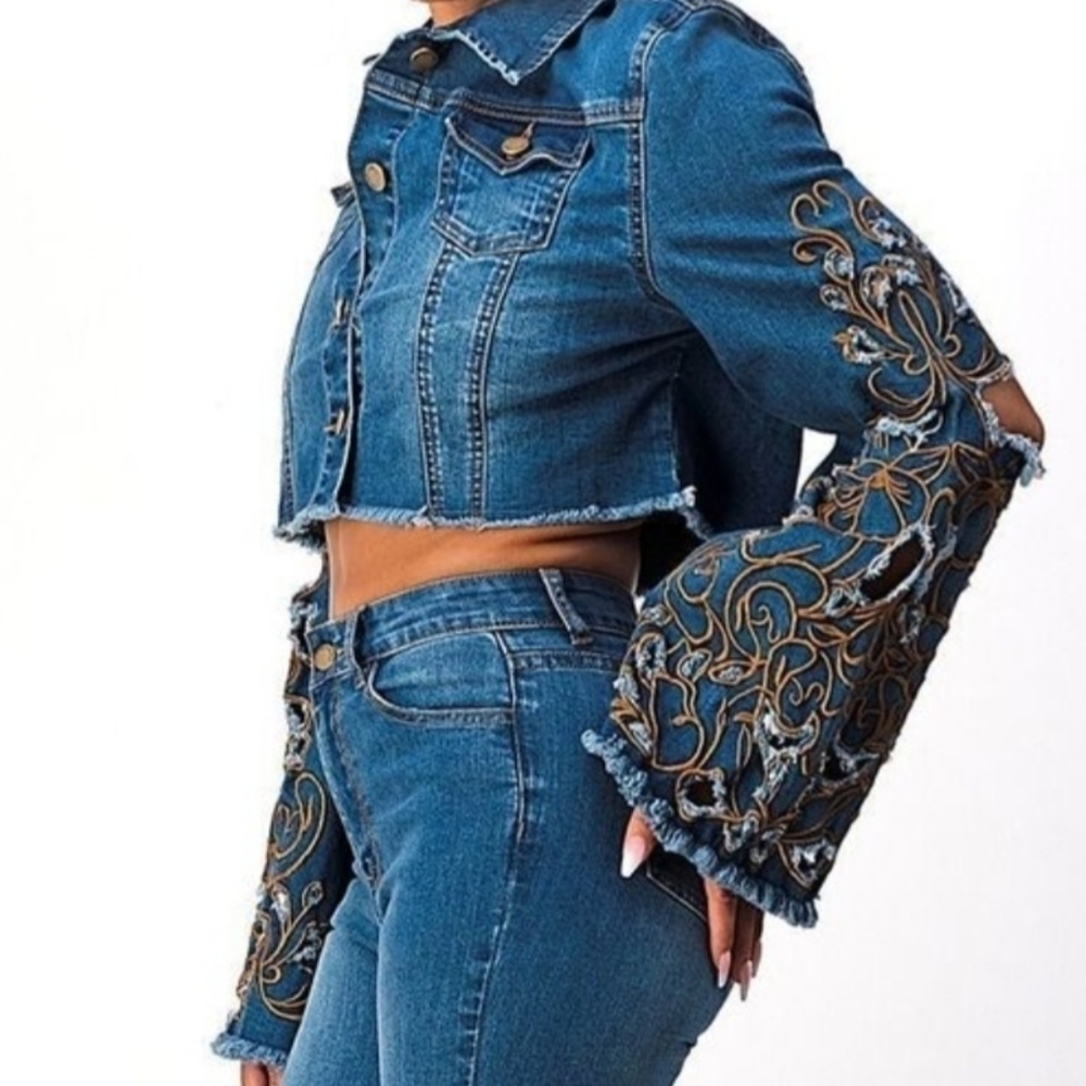 Cropped Embroidered Long Bell Sleeve Button Up Denim Jean Jacket - Picture 11 of 13